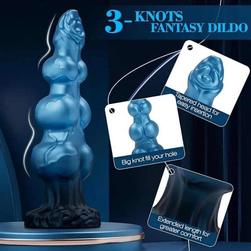 1 Piece Blue Black Gourd Egg Monster Fantasy Dildo - 3 Dog Knots, Wide Cylindrical Anal G-Spot, Large Sucker, Liquid Silicone, A