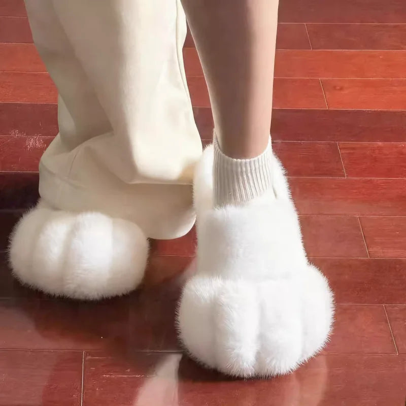 Cute Cat Paw Plush Slippers For Women Winter Warm Furry Closed Toe Slippers Kawaii Cartoon Non-slip Indoor House Shoes