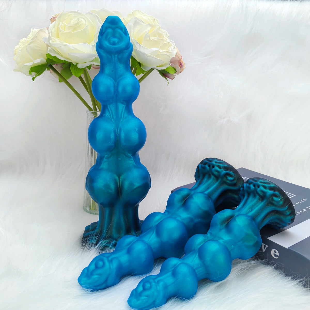 1 Piece Blue Black Gourd Egg Monster Fantasy Dildo - 3 Dog Knots, Wide Cylindrical Anal G-Spot, Large Sucker, Liquid Silicone, A