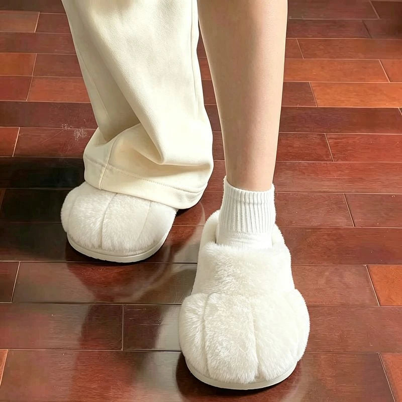 Cute Cat Paw Plush Slippers For Women Winter Warm Furry Closed Toe Slippers Kawaii Cartoon Non-slip Indoor House Shoes