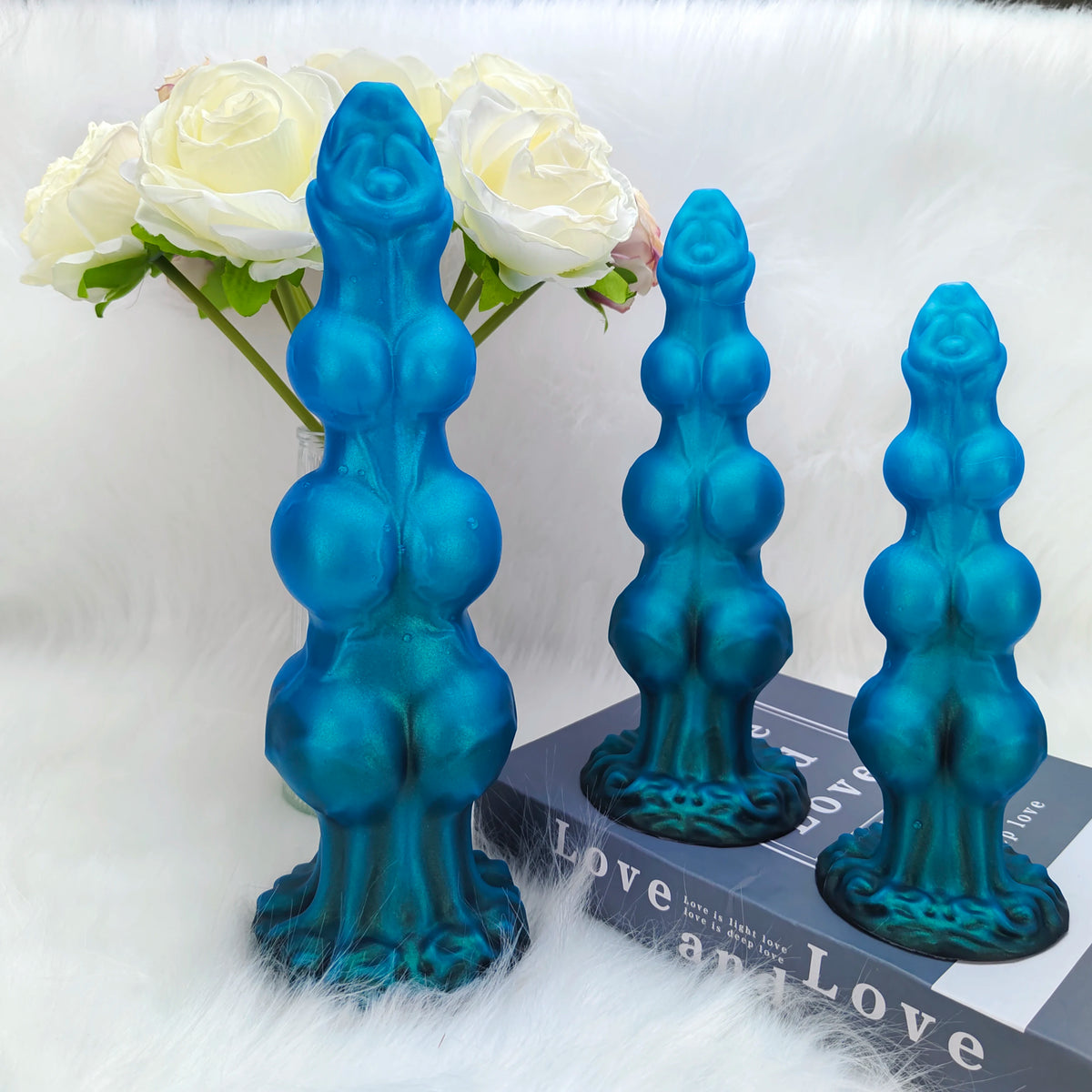 1 Piece Blue Black Gourd Egg Monster Fantasy Dildo - 3 Dog Knots, Wide Cylindrical Anal G-Spot, Large Sucker, Liquid Silicone, A