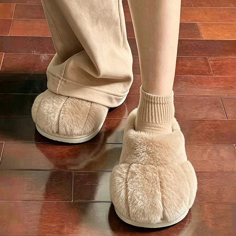 Cute Cat Paw Plush Slippers For Women Winter Warm Furry Closed Toe Slippers Kawaii Cartoon Non-slip Indoor House Shoes