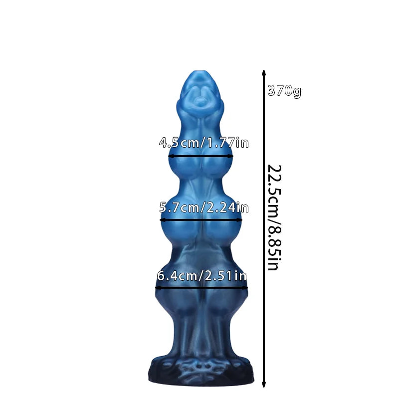 1 Piece Blue Black Gourd Egg Monster Fantasy Dildo - 3 Dog Knots, Wide Cylindrical Anal G-Spot, Large Sucker, Liquid Silicone, A