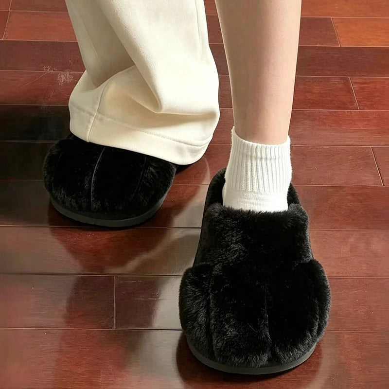 Cute Cat Paw Plush Slippers For Women Winter Warm Furry Closed Toe Slippers Kawaii Cartoon Non-slip Indoor House Shoes