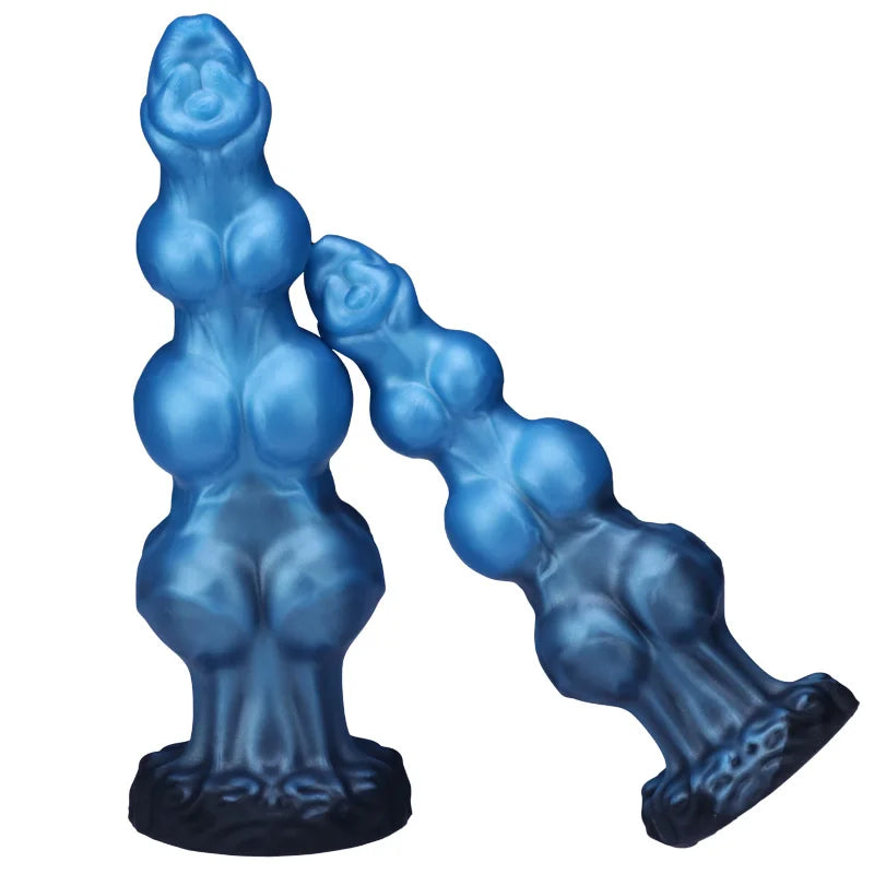 1 Piece Blue Black Gourd Egg Monster Fantasy Dildo - 3 Dog Knots, Wide Cylindrical Anal G-Spot, Large Sucker, Liquid Silicone, A