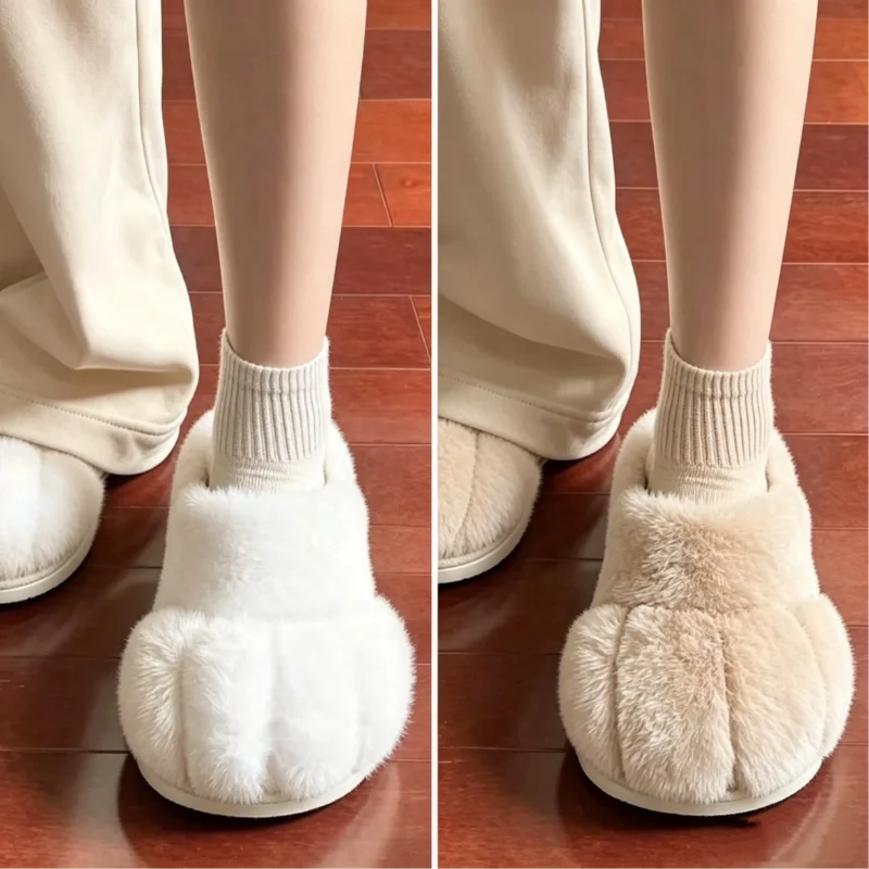 Cute Cat Paw Plush Slippers For Women Winter Warm Furry Closed Toe Slippers Kawaii Cartoon Non-slip Indoor House Shoes