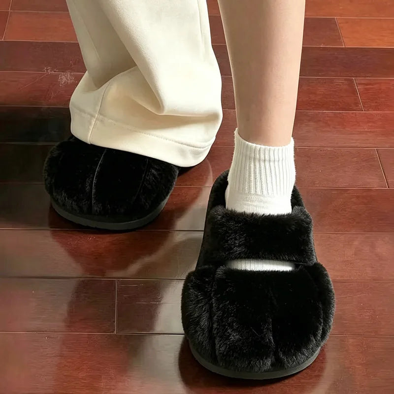 Cute Cat Paw Plush Slippers For Women Winter Warm Furry Closed Toe Slippers Kawaii Cartoon Non-slip Indoor House Shoes